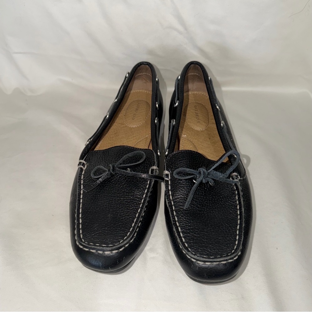 Lands' End Black Leather Moccasin Loafer Driving Shoes with Contrast Stitching